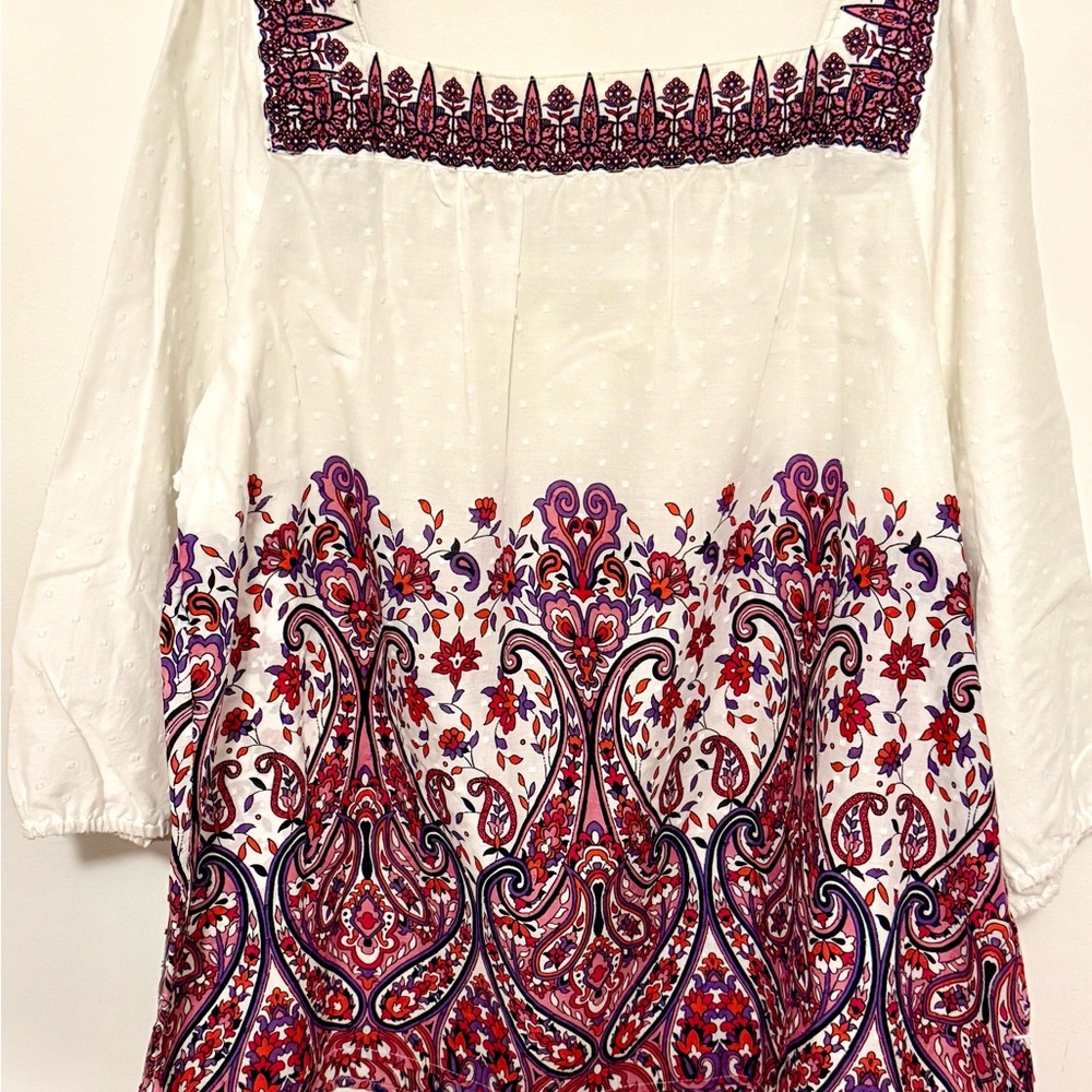 Charter Club White Blouse with Red and Purple Paisley Border - Picture 3 of 7